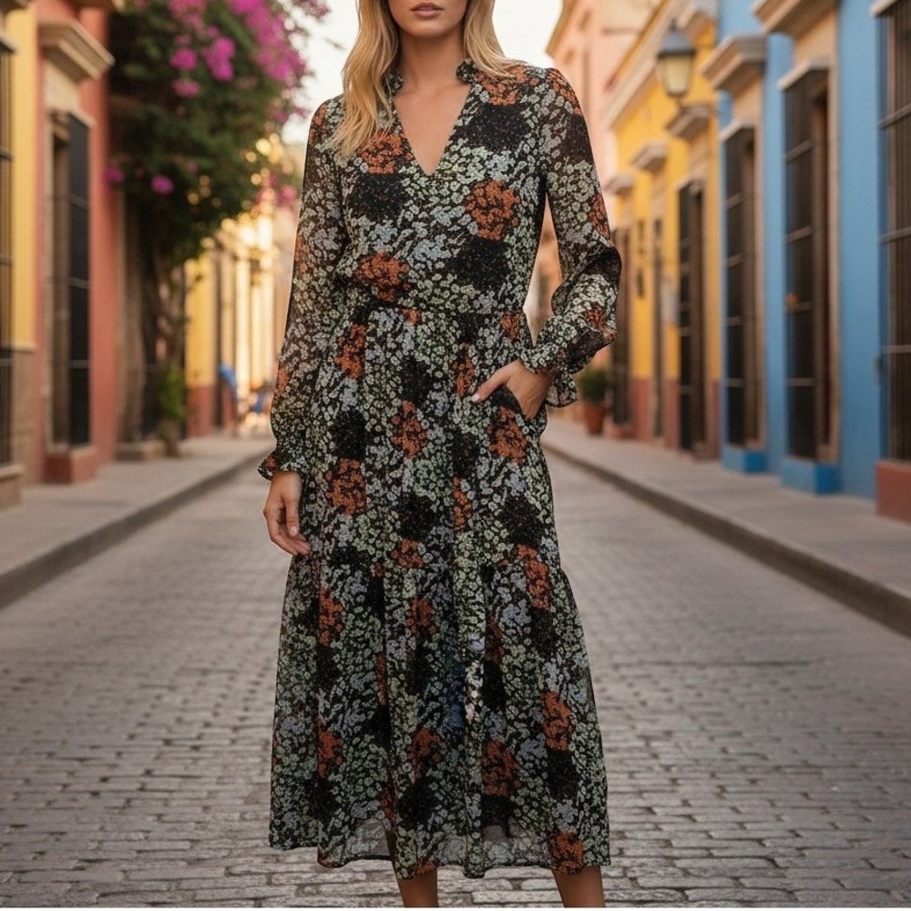 Y.A.S Yasemilio‎ - Dress Floral V-Neck Ruffle Tiered Midi Womens Size Medium